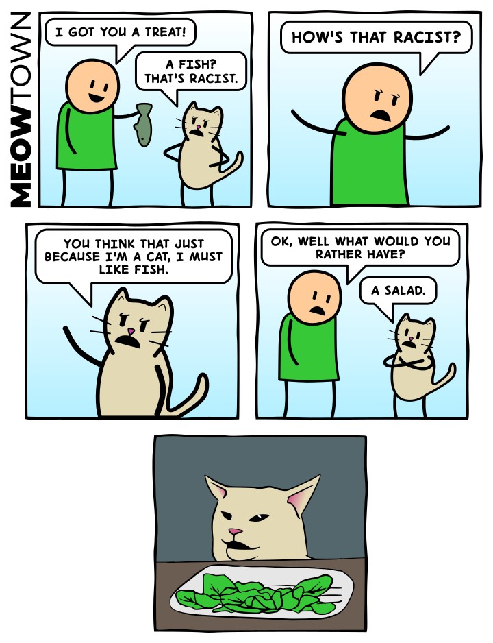 A five-panel comic ending in a tribute to the 'woman yelling at a cat' (Smudge) meme. Panel one: a smiling bald human in a green shirt holds out a fish to a buff tabby cat. Human: 'I got you a treat!' Cat (arms crossed, scowling): 'A fish? That's racist.' Panel two: the human throws his arms out, baffled. Human: 'How's that racist?' Panel three: the cat raises its paws indignantly. Cat: 'You think that just because I'm a cat, I must like fish.' Panel four: the human sighs. Human: 'OK, well what would you rather have?' Cat: 'A salad.' Panel five: a recreation of the Smudge meme — the cat sits at a dinner table, squinting in disgust at a white plate of green salad leaves.