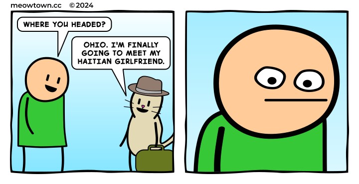 A two-panel comic referencing the 2024 presidential debate claim that Haitian immigrants in Springfield, Ohio were eating people's pets. Panel one: a smiling bald human in a green shirt chats with a buff tabby cat who wears a brown fedora and holds a green suitcase. Human: 'Where you headed?' Cat: 'Ohio. I'm finally going to meet my Haitian girlfriend.' Panel two: an extreme close-up of the human's face — eyes wide, mouth flat — as the implication lands.