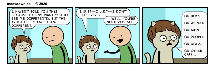 A three-panel MeowTown comic that puts Tater Tot in a scene right out of Season 5 of Stranger Things. Panel one: Tater Tot (a buff tabby cat) is sporting Will Byers' signature brown bowl-cut and stands facing the person in the green shirt with a vulnerable, downcast expression. Tater delivers Will's actual monologue: 'I haven't told you this because I don't want you to see me differently. But the truth is... I am — I am different.' Panel two: Tater Tot continues haltingly, 'I just — I just — I don't like girls...' The person responds with deadpan obliviousness: 'Well, you're neutered, so...' Panel three: Extreme close-up. Tater Tot's expression has turned to annoyance as he goes off-script and keeps listing things he doesn't like: 'Or boys... or women... or men... or people... or dogs... or other cats...' The joke: the human's clueless biological deflection sends Tater spiraling, and his anxious confession reveals not a sexuality but the universal misanthropy of a cat who simply does not like anything.