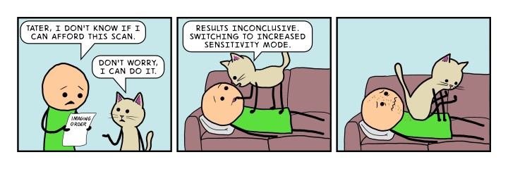 A three-panel MeowTown comic about an at-home medical imaging procedure. Panel one: A worried-looking person in a green shirt holds a piece of paper labeled 'IMAGING ORDER.' He says, 'Tater, I don't know if I can afford this scan.' Tater Tot (a buff tabby cat) standing beside him, replies confidently, 'Don't worry, I can do it.' Panel two: The person now lies flat on a couch. Tater Tot stands on his chest, one paw inserted into the person's mouth, staring into his eyes. Tater says, 'Results inconclusive. Switching to increased sensitivity mode.' Panel three: Tater Tot drags his rear end down the person's face and chest in a classic feline 'booty scoot,' leaving a brown smear trail behind him. The person's eyes are squeezed shut in horrified resignation. The joke: cats already perform unsanctioned medical procedures on their humans daily. This one is just being explicit about it, the visual pun being 'cat scan.'