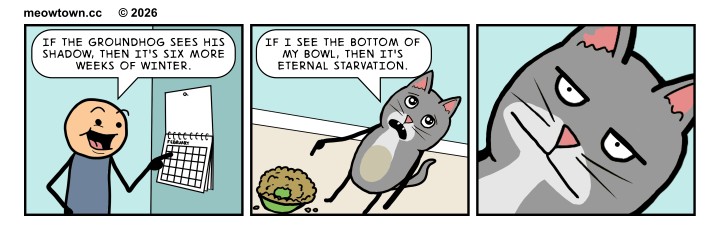 A three-panel MeowTown comic about competing prophecies. Panel one: A person in a blue shirt stands beside a wall calendar, pointing to the date with a delighted grin, and announces, 'If the groundhog sees his shadow, then it's six more weeks of winter.' Panel two: Loki, a gray tabby cat, sits on the floor next to his food bowl, looking up at the person. The bowl is mostly empty — just a small ring of food around the edge with the bottom of the bowl clearly visible. Loki replies, 'If I see the bottom of my bowl, then it's eternal starvation.' Panel three: An extreme close-up of Loki's face. His expression is flat, unimpressed, eyes half-lidded, staring directly at the person off-panel. The joke: cats have their own folk traditions, and they're all about food.
