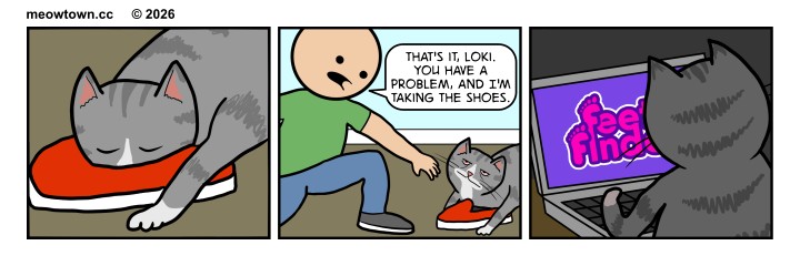 A three-panel MeowTown comic. Panel 1: Loki, a gray tabby cat, lies with his face pressed into a red shoe, eyes closed. Panel 2: A human in a green shirt and blue jeans reaches down to grab the shoe from Loki, who looks up with red, bloodshot eyes. The human says, 'That's it, Loki. You have a problem, and I'm taking the shoes.' Panel 3: In a darkened room, Loki is seen from behind, hunched over a laptop displaying the Feet Finder website.
